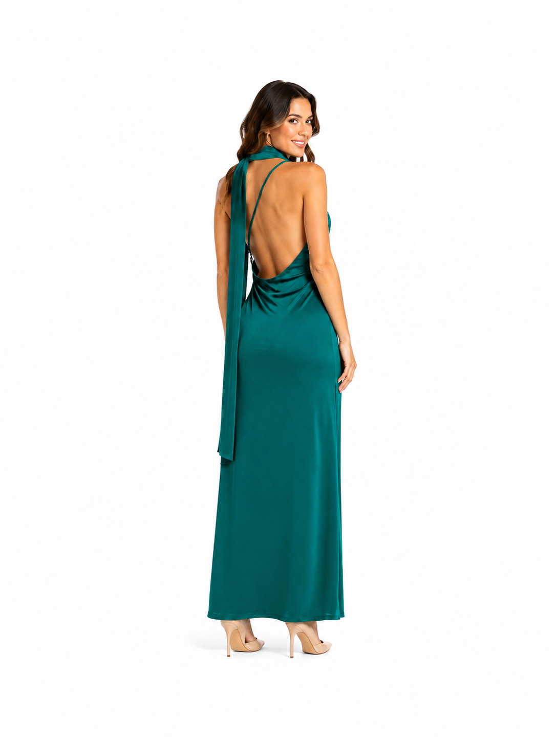 Arriendo de Vestido largo de lycra verde oscuro asimétrico con pabilos ajustables en espalda y cinta larga para el cuello