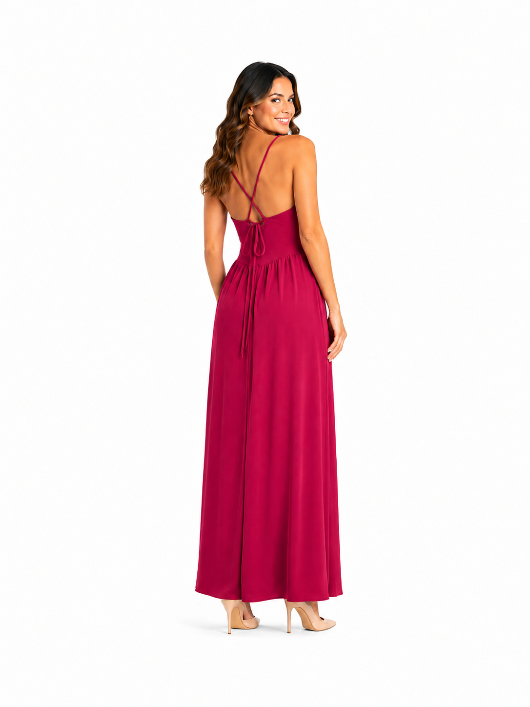 Arriendo de Vestido lycra fucsia largo amarre en espalda