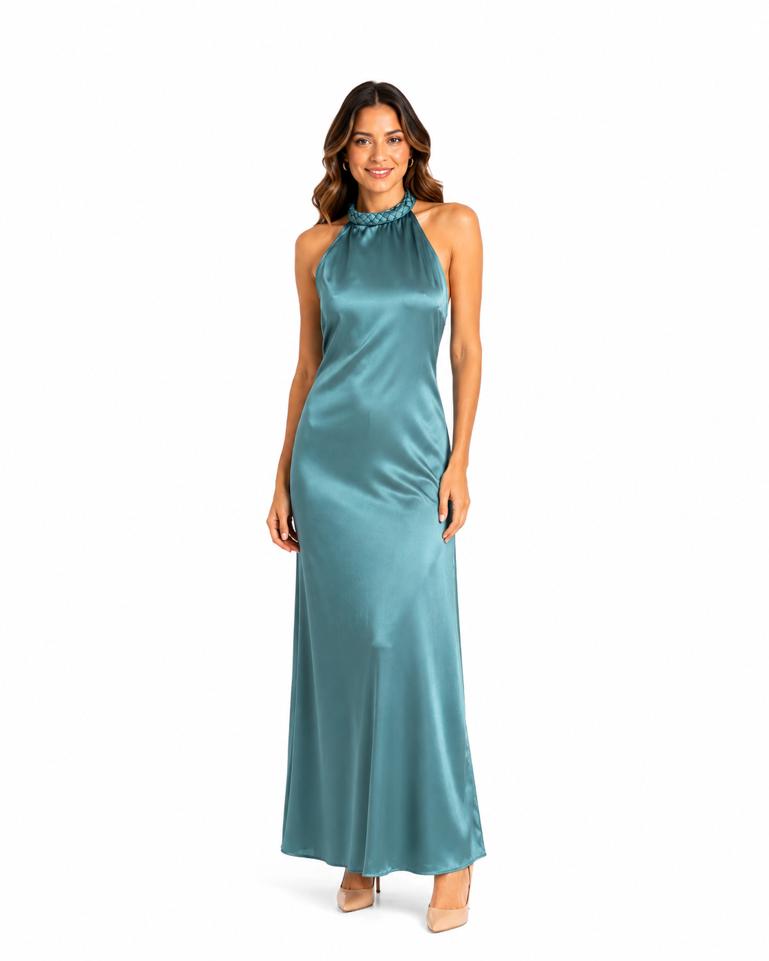 Arriendo de Vestido largo celeste con trenzado en cuello cerrado
