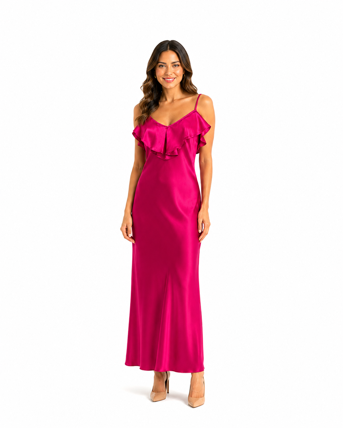 Arriendo de Vestido fucsia largo vuelos adelante y atrás