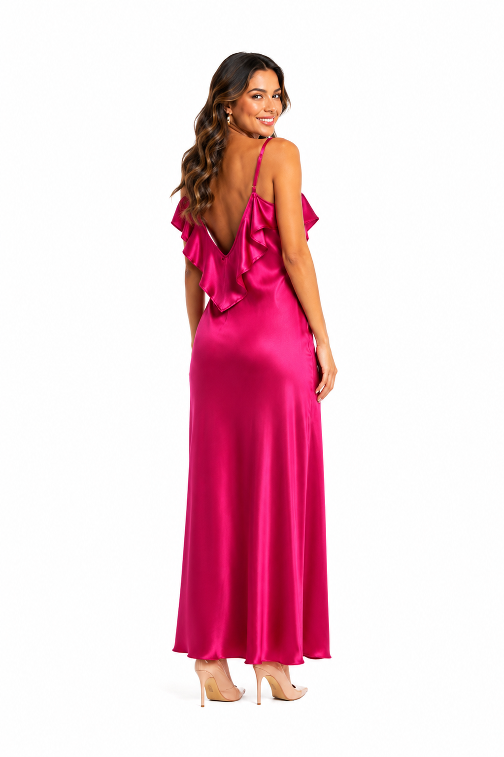 Arriendo de Vestido fucsia largo vuelos adelante y atrás
