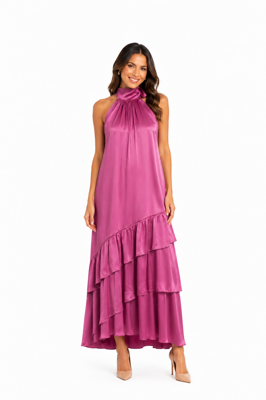 Arriendo de Vestido largo halter asimétrico con vuelos abajo color magenta-rosado