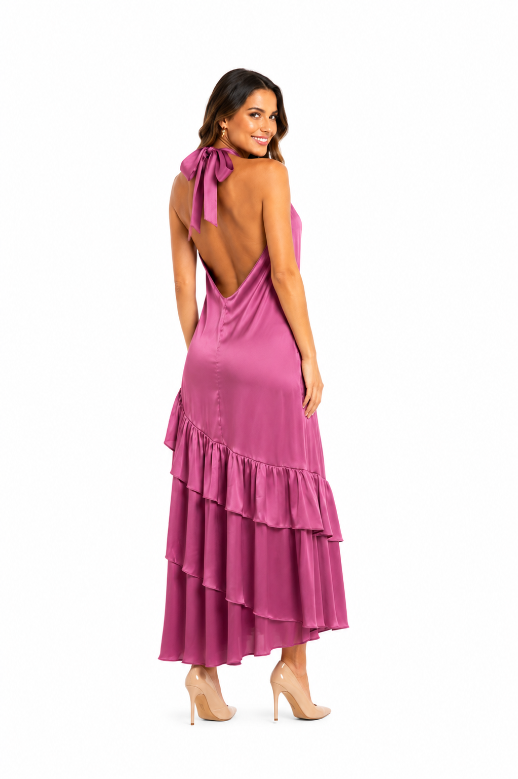 Arriendo de Vestido largo halter asimétrico con vuelos abajo color magenta-rosado