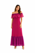 Arriendo de Vestido largo de gasa rosado con vuelos en escote y vuelos purpura abajo