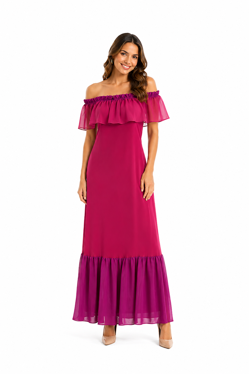 Arriendo de Vestido largo de gasa rosado con vuelos en escote y vuelos purpura abajo