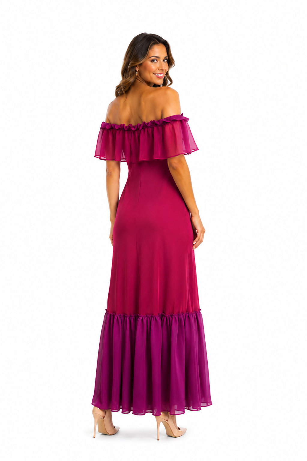 Arriendo de Vestido largo de gasa rosado con vuelos en escote y vuelos purpura abajo