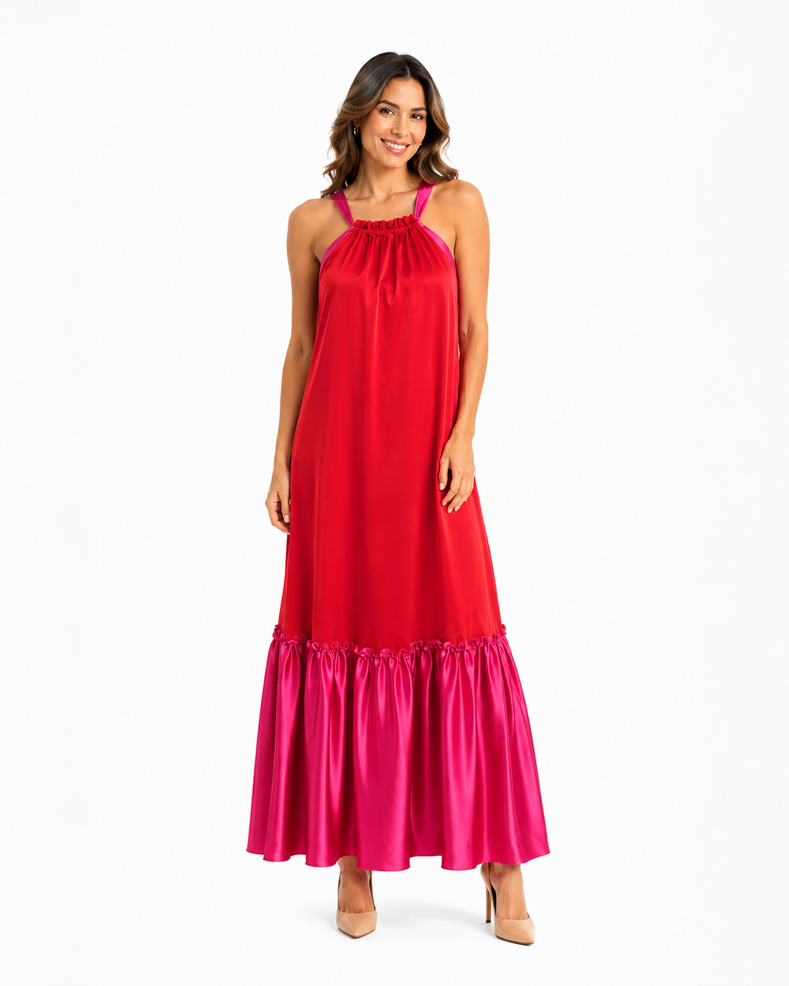 Arriendo de Vestido largo rojo con fucsia en vuelos de la parte baja