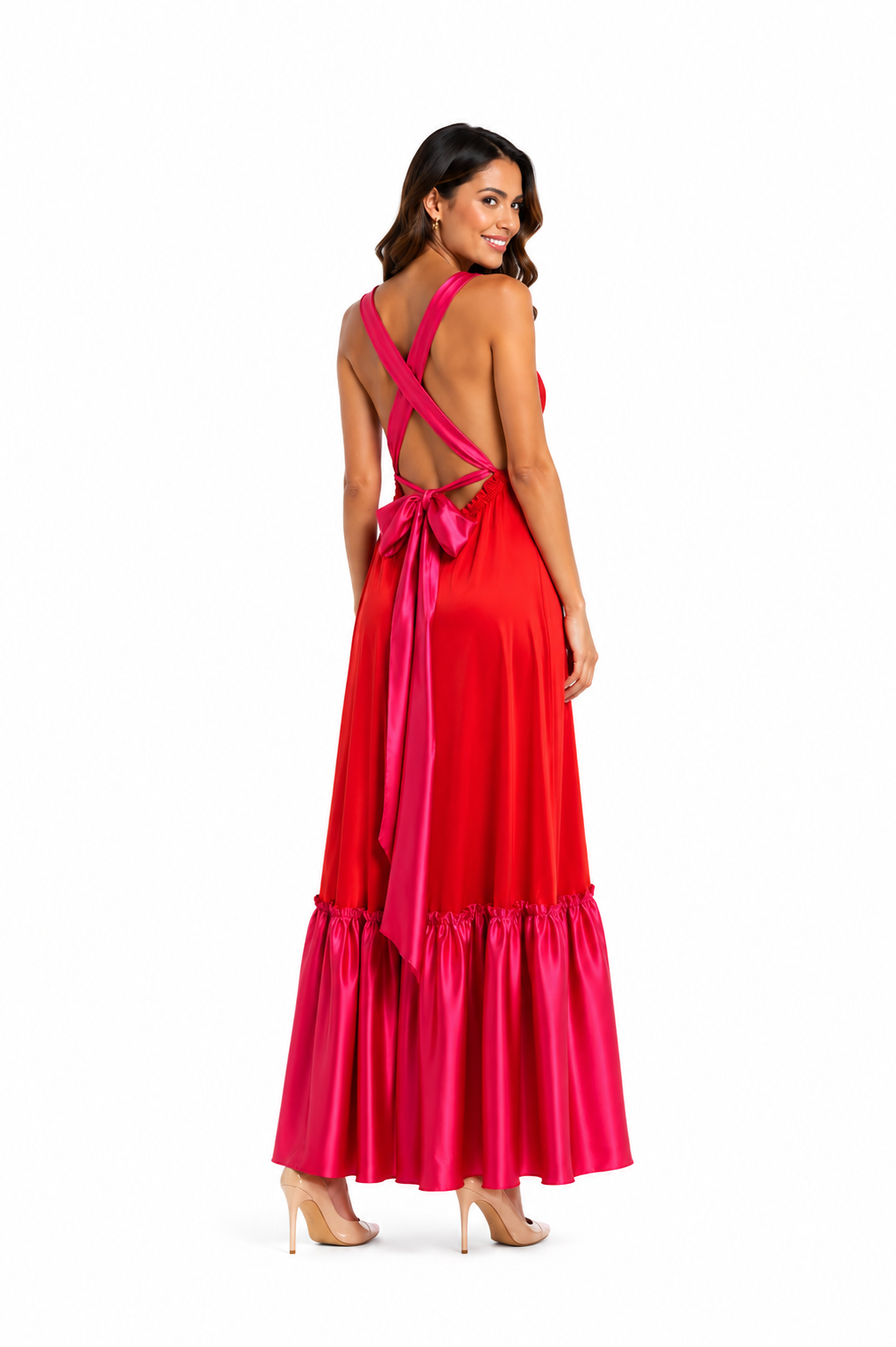 Arriendo de Vestido largo rojo con fucsia en vuelos de la parte baja