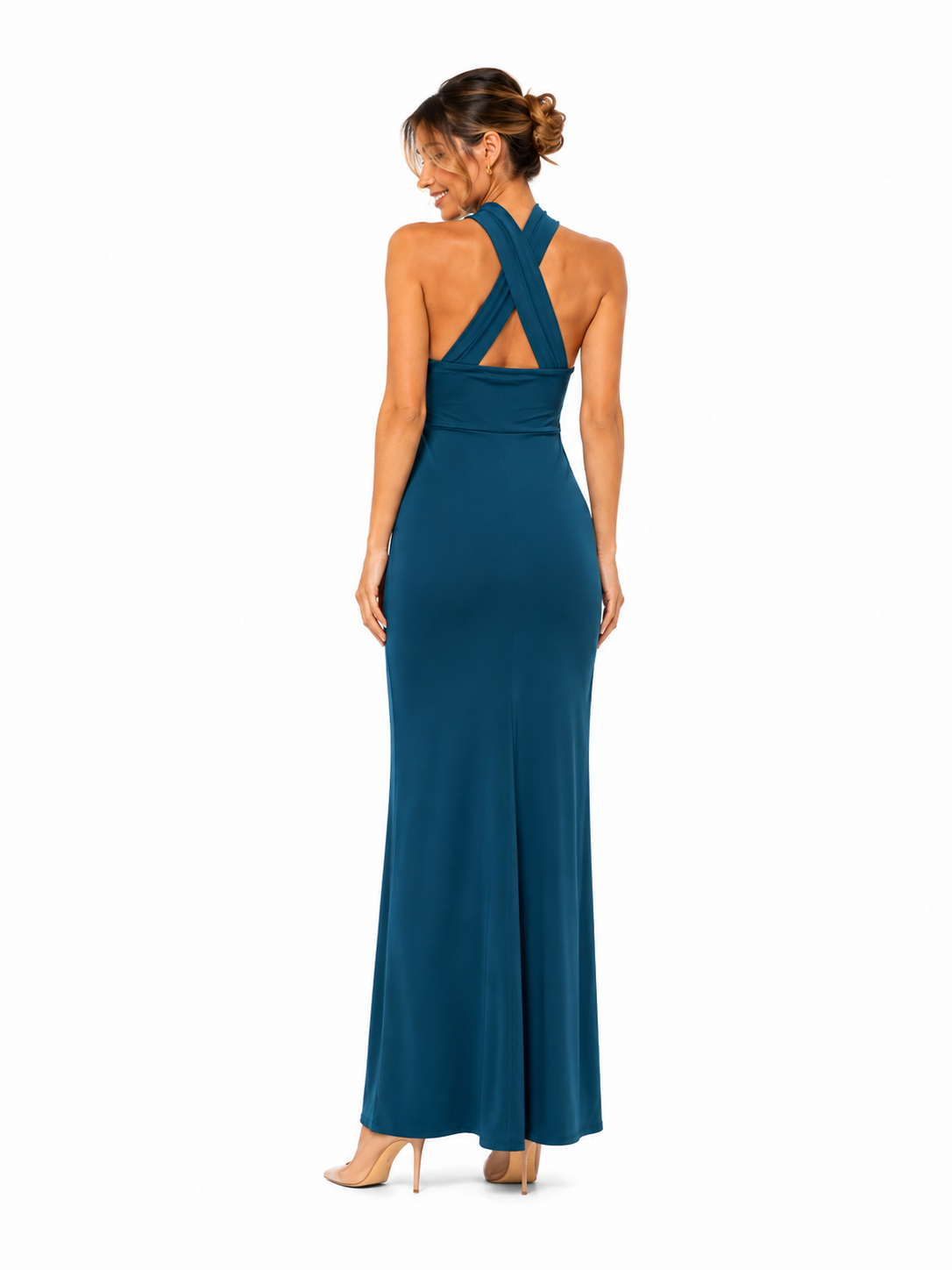 Arriendo de vestido petroleo strapless con shoker incorporado largo