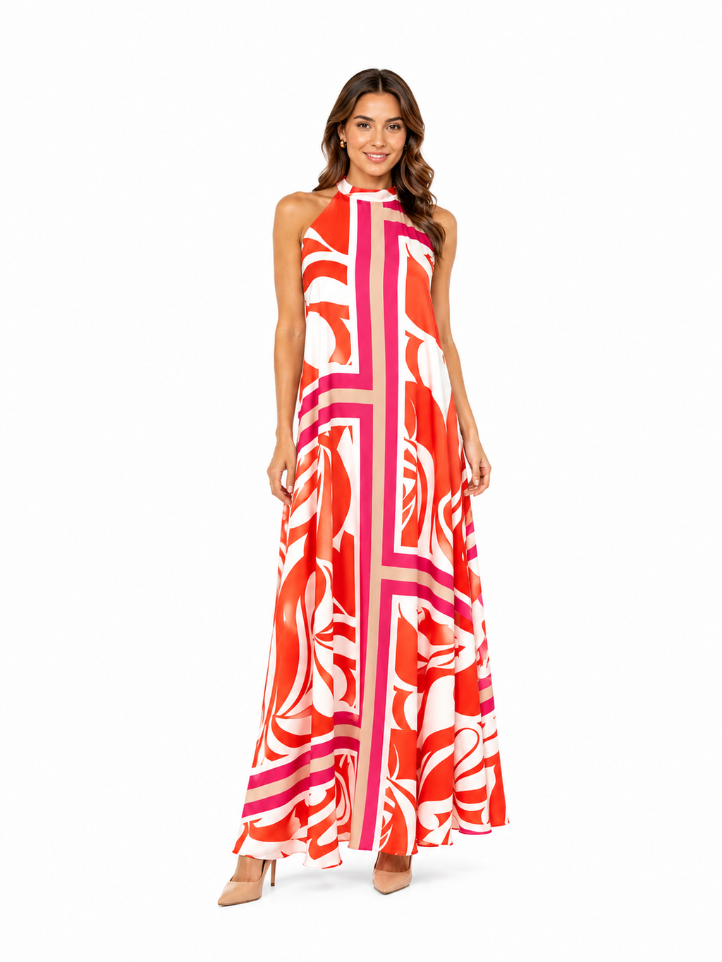 Arriendo de vestido estampado halter sin espalda largo