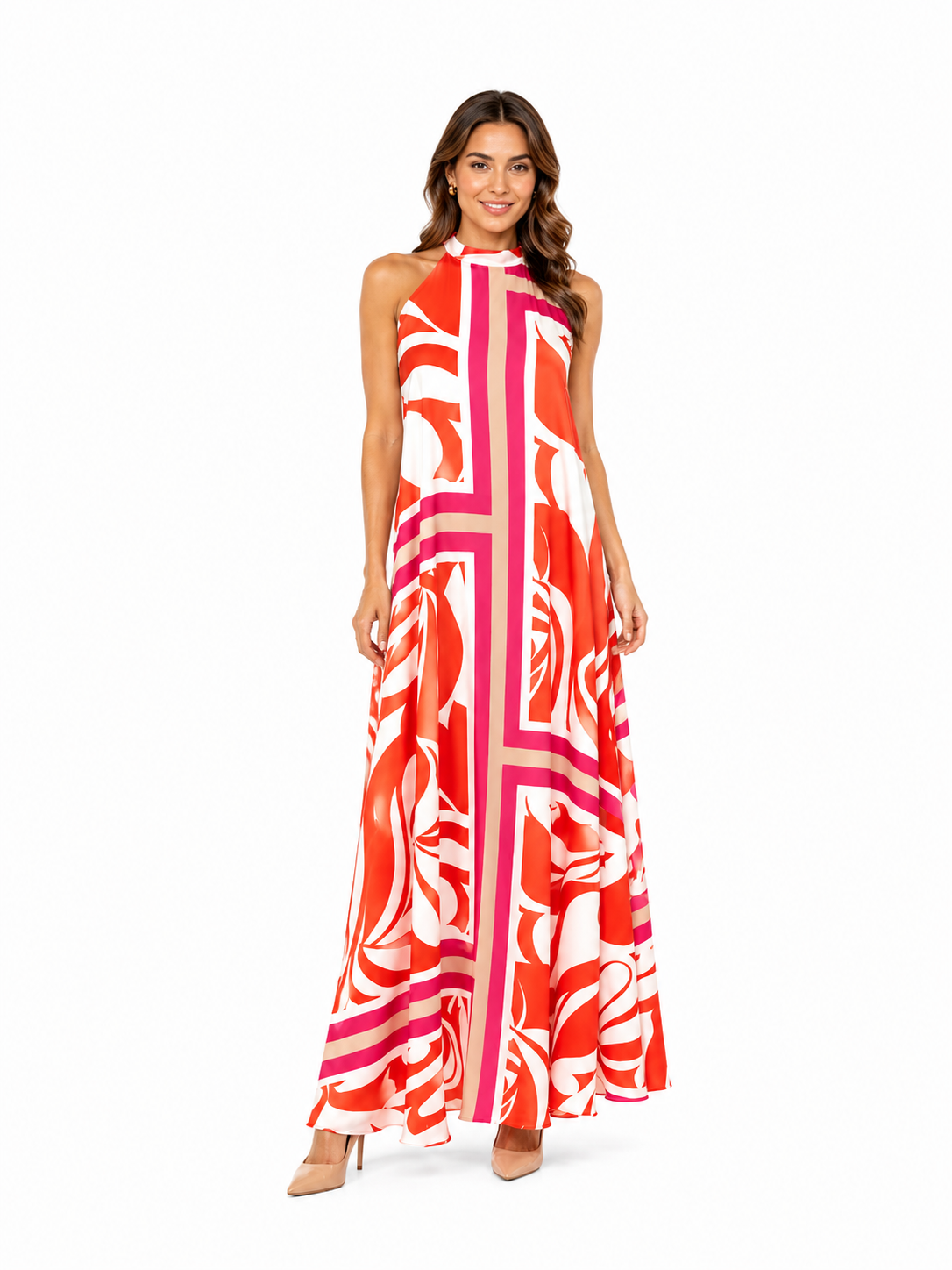 Arriendo de vestido estampado halter sin espalda largo