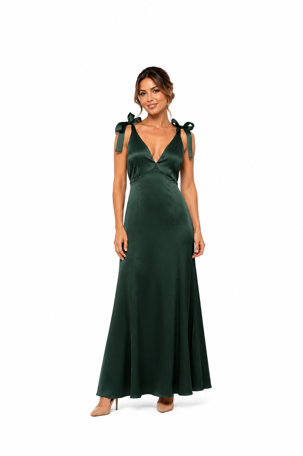 Arriendo de vestido verde botella con amarre en hombros largo