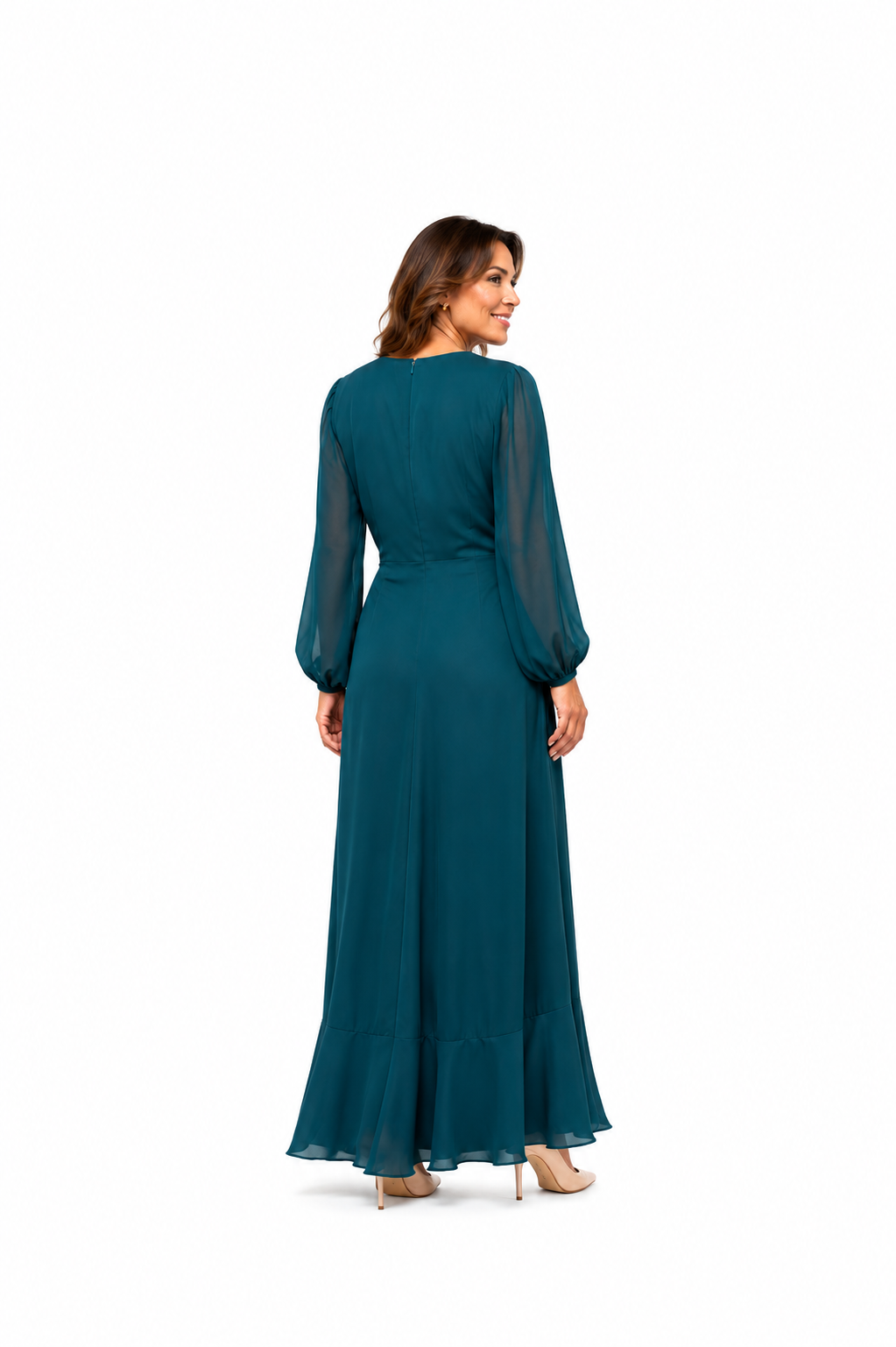 Arriendo de vestido petroleo mangas transparentes largo