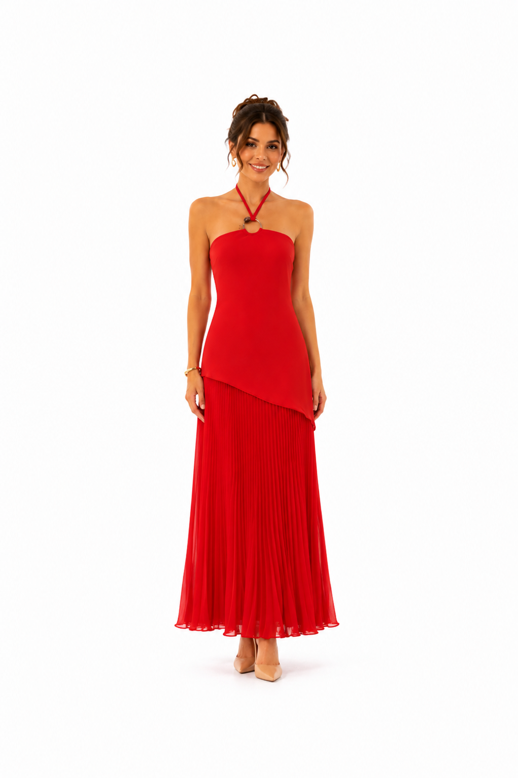 Vestido rojo naranjo oscuro plizado con detalle en escote largo
