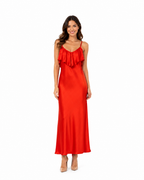 Arriendo de Vestido largo vuelos adelante y atrás rojo seda largo