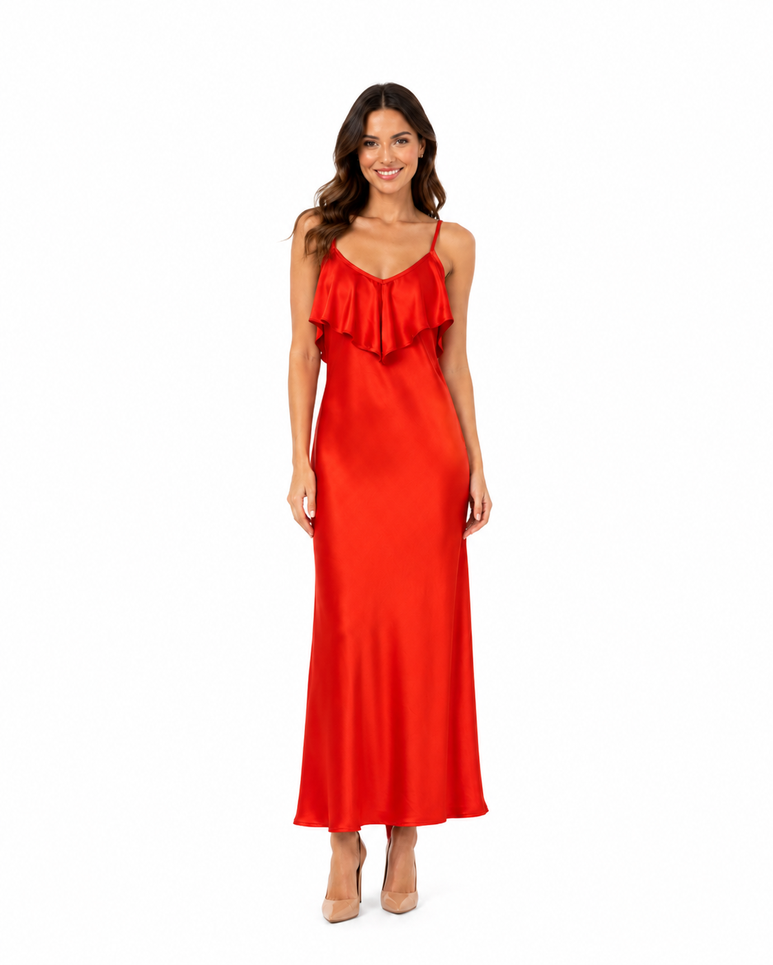 Arriendo de Vestido largo vuelos adelante y atrás rojo seda largo