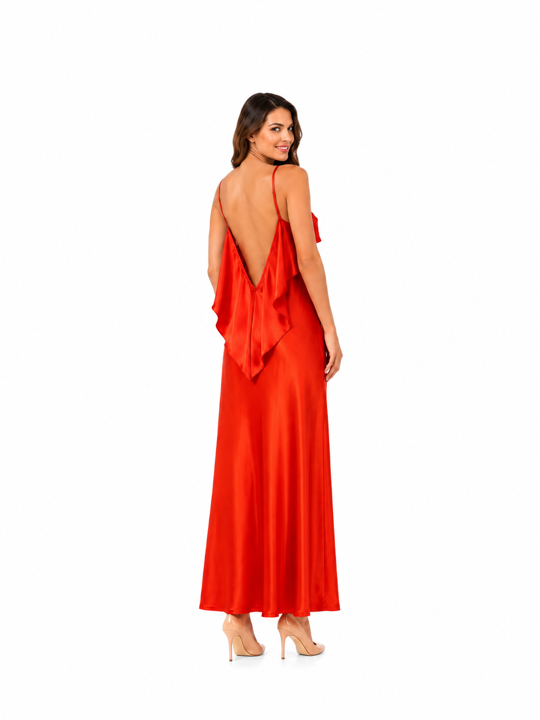 Arriendo de Vestido largo vuelos adelante y atrás rojo seda largo