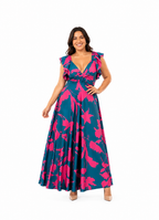 Arriendo de Vestido largo calipso con fucsia manguitas con vuelos y nudo adelante tajo alado lycra pesada