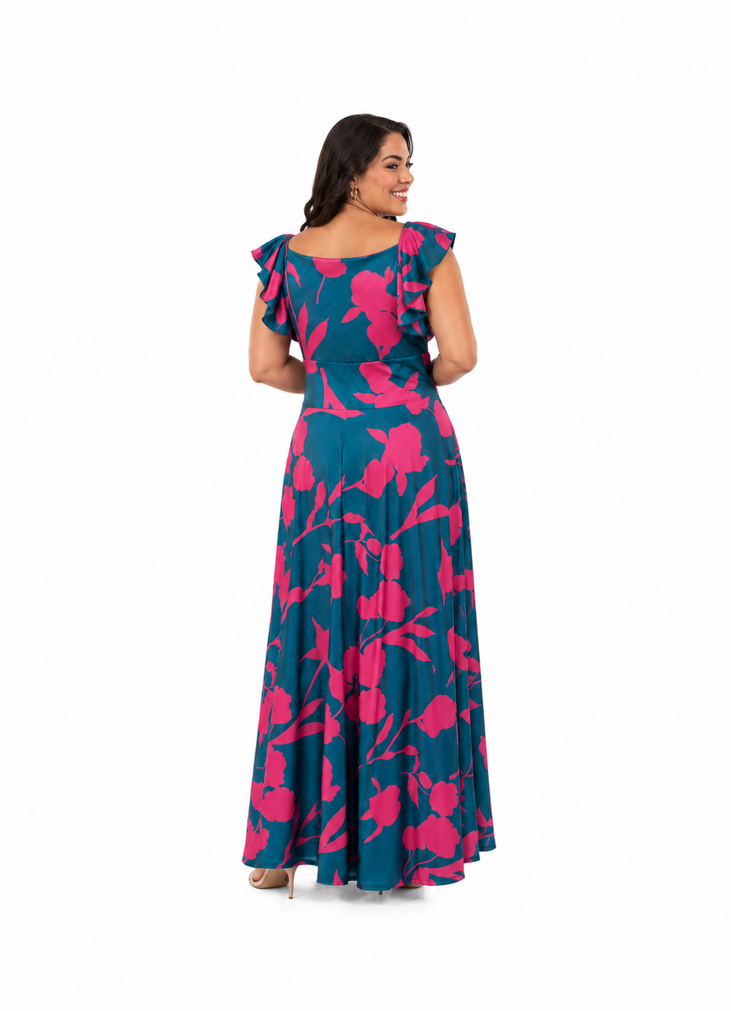 Arriendo de Vestido largo calipso con fucsia manguitas con vuelos y nudo adelante tajo alado lycra pesada