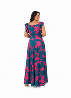 Arriendo de Vestido largo calipso con fucsia manguitas con vuelos y nudo adelante tajo alado lycra pesada