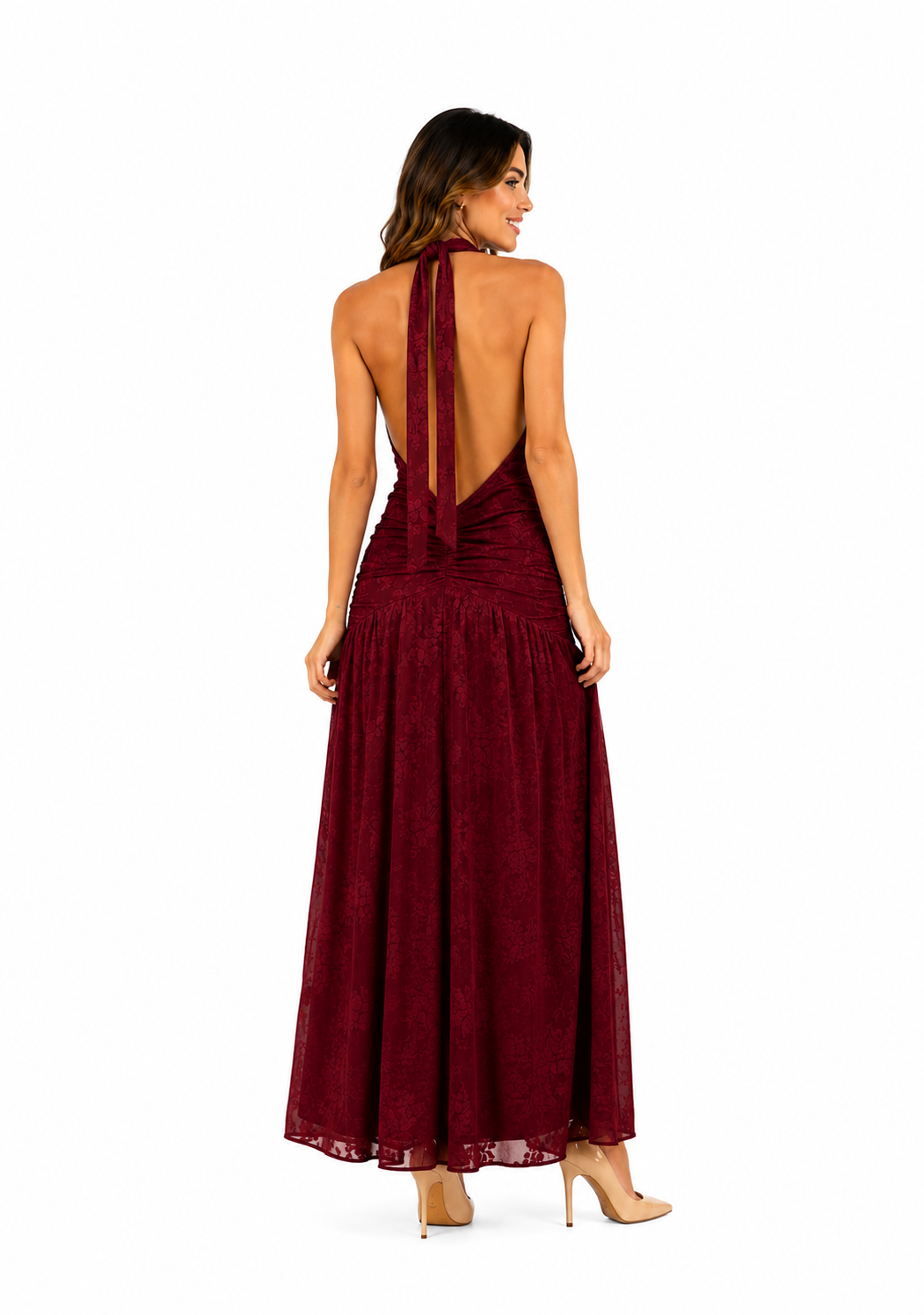 Vestido burdeo encaje España largo