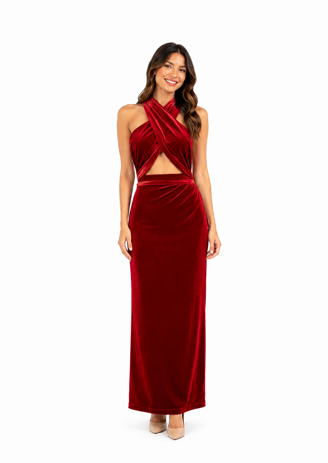 Arriendo de Vestido largo rojo de terciopelo con tajo adelante y corte cruzado en escote