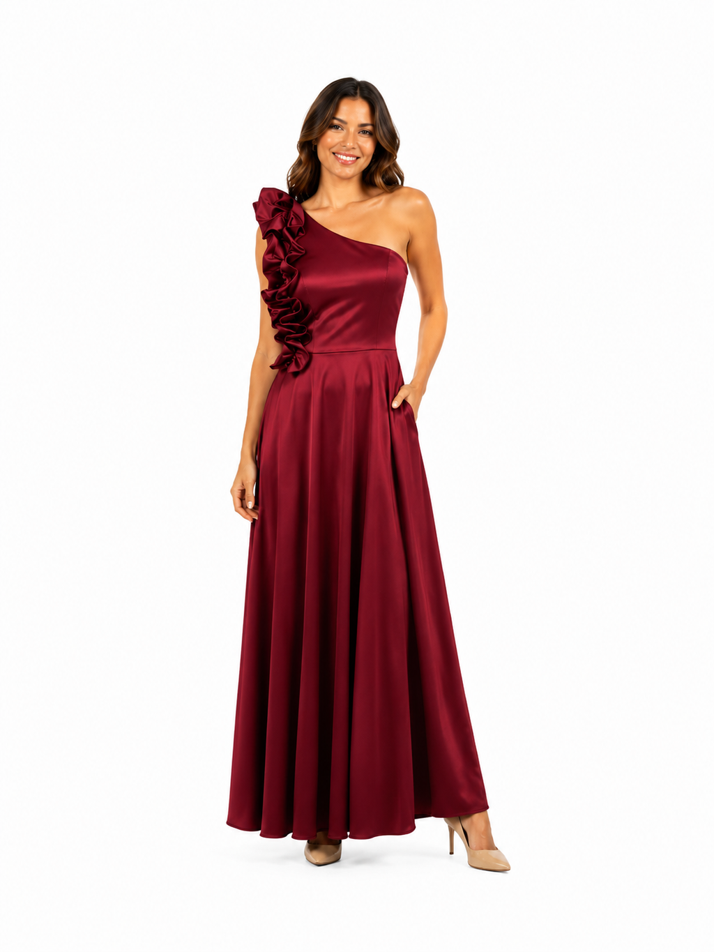 Arriendo asimétrico de vestido burdeo, amarre espalda largo