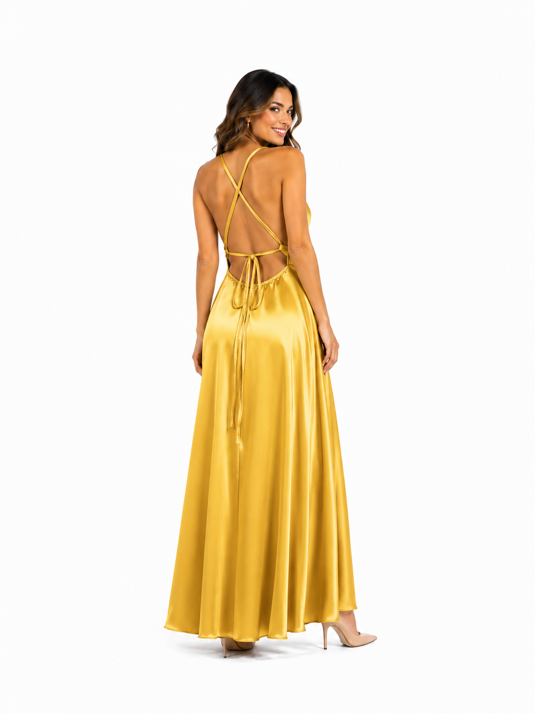 Vestido dorado cuello en V espalda cruzada Colección CDP largo