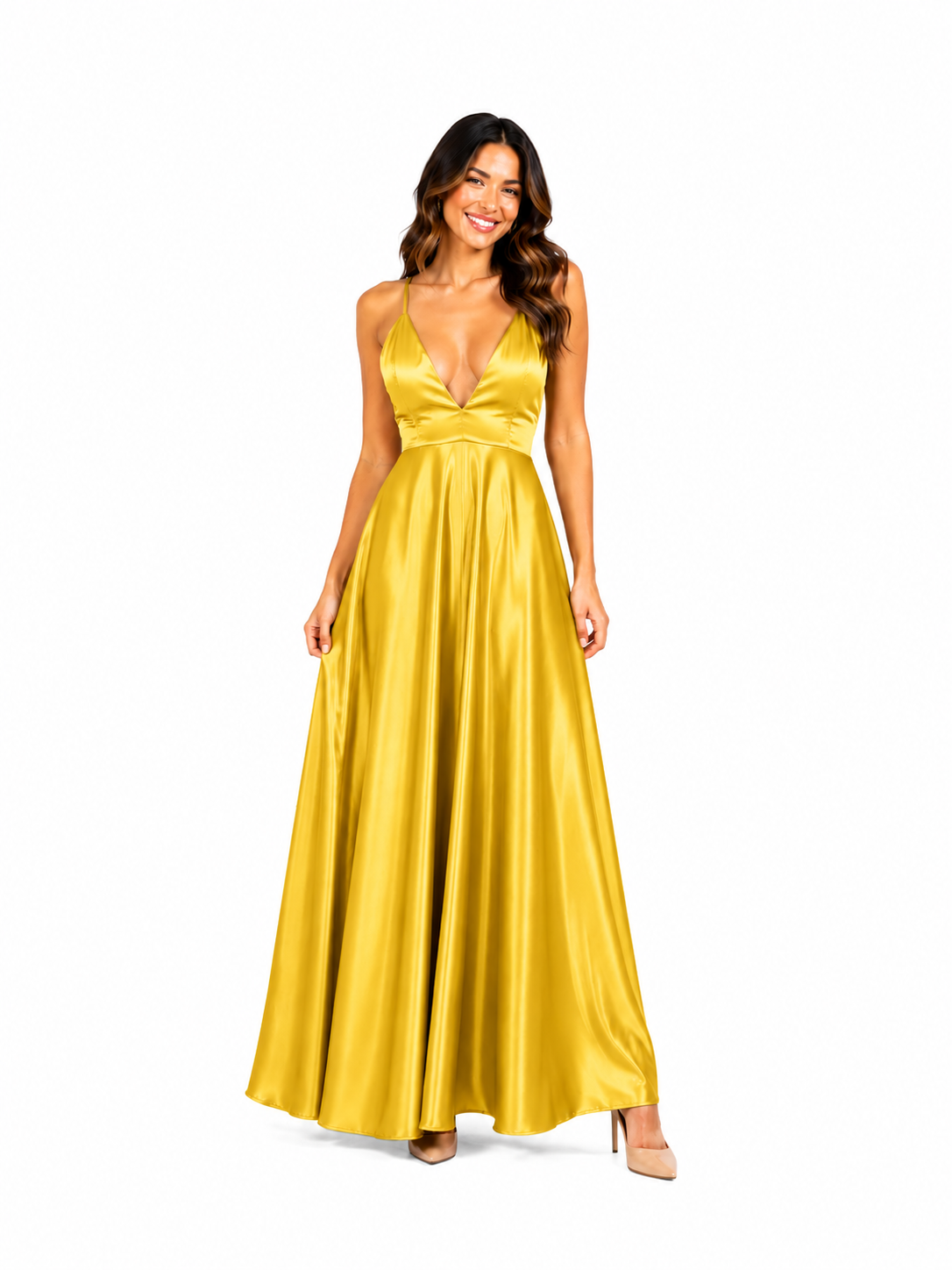 Vestido dorado cuello en V espalda cruzada Colección CDP largo