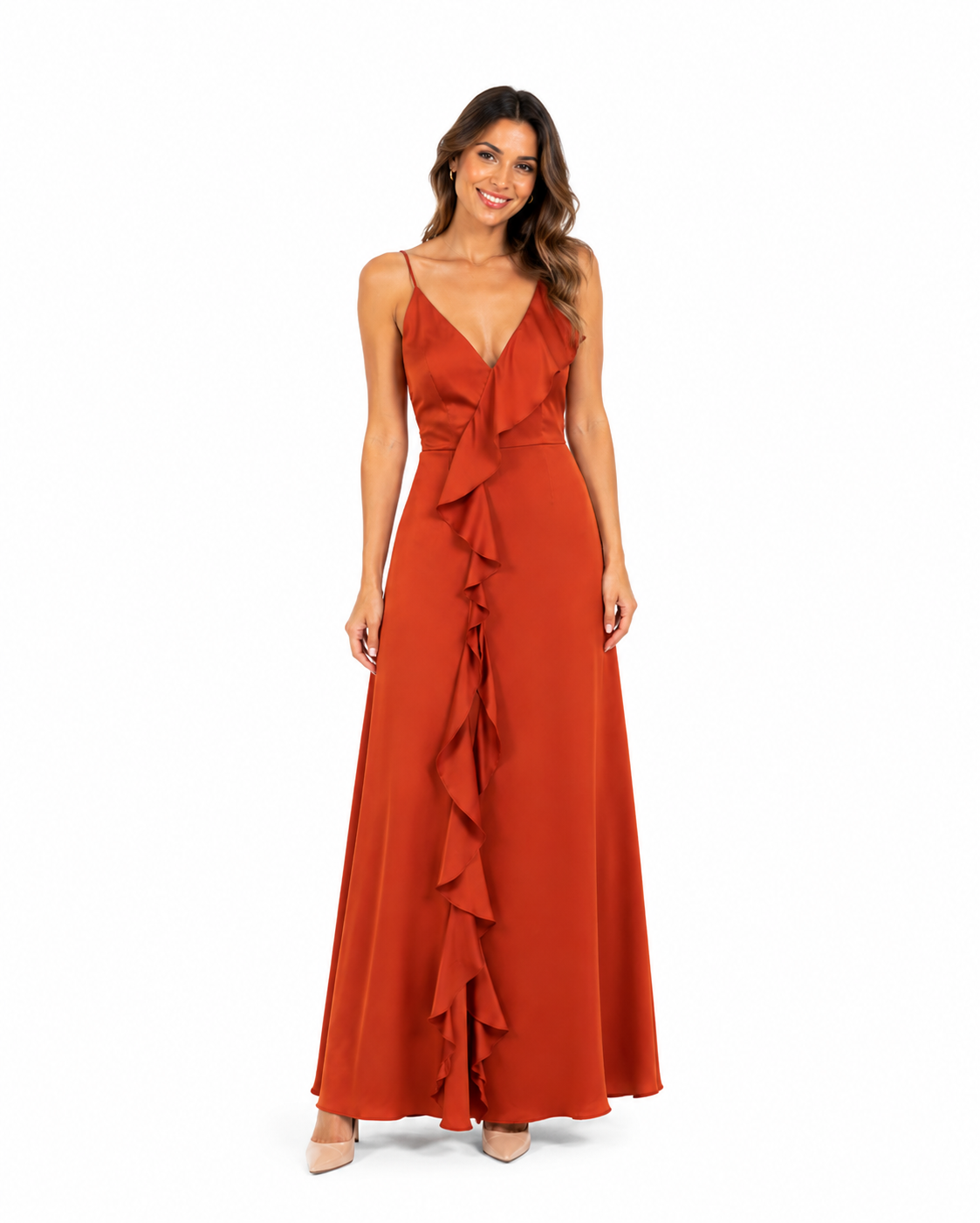 Arriendo de vestido terracota marca Debut largo