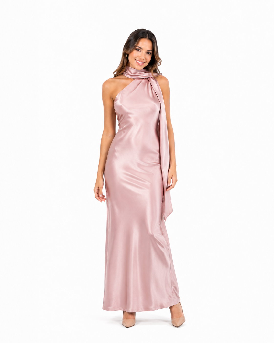 Arriendo de Vestido largo palo rosa con tira larga lycra brillante
