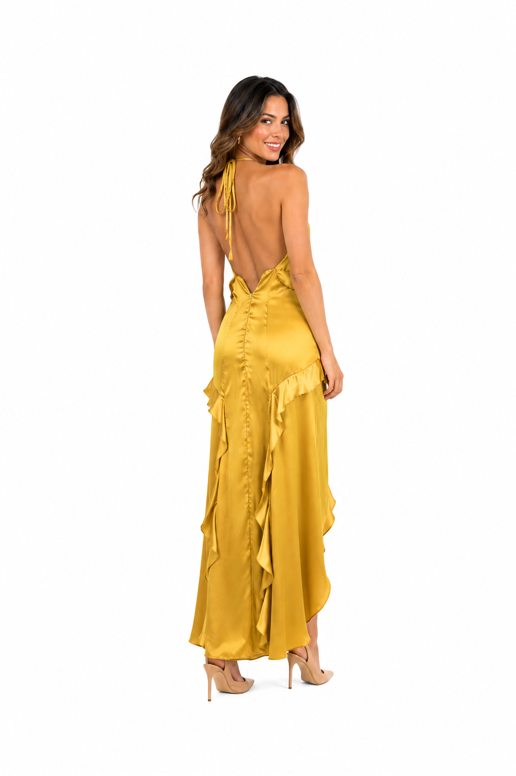 Arriendo de Vestido dorado allegra seda largo con vuelos en el medio