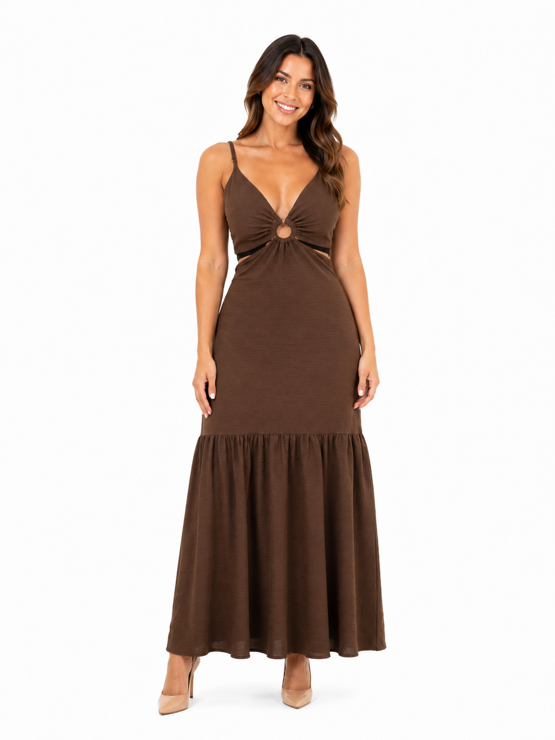 Arriendo de vestido café cut out Brasil largo