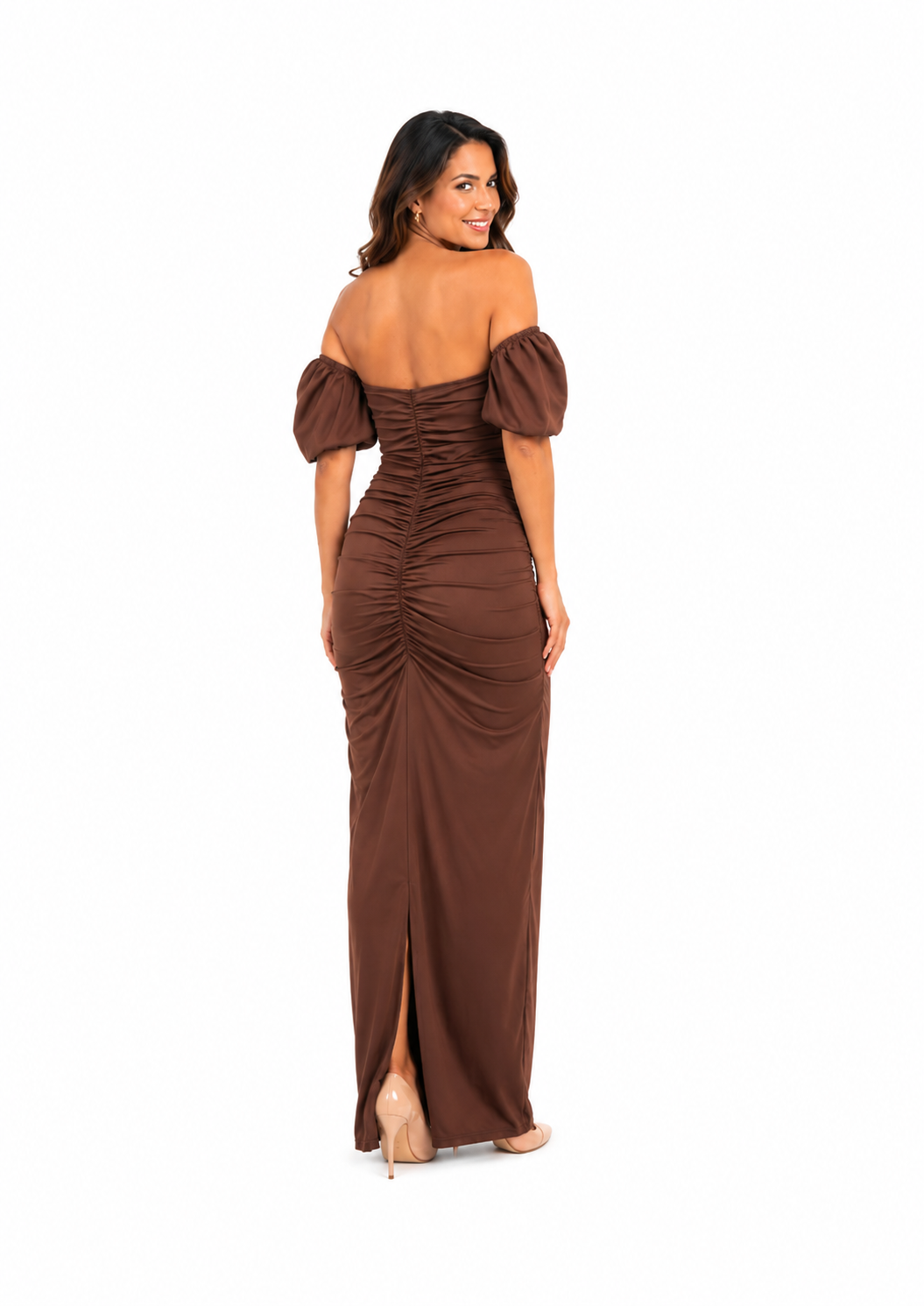 Arriendo de Vestido café largo con pliegues, poto corrugado