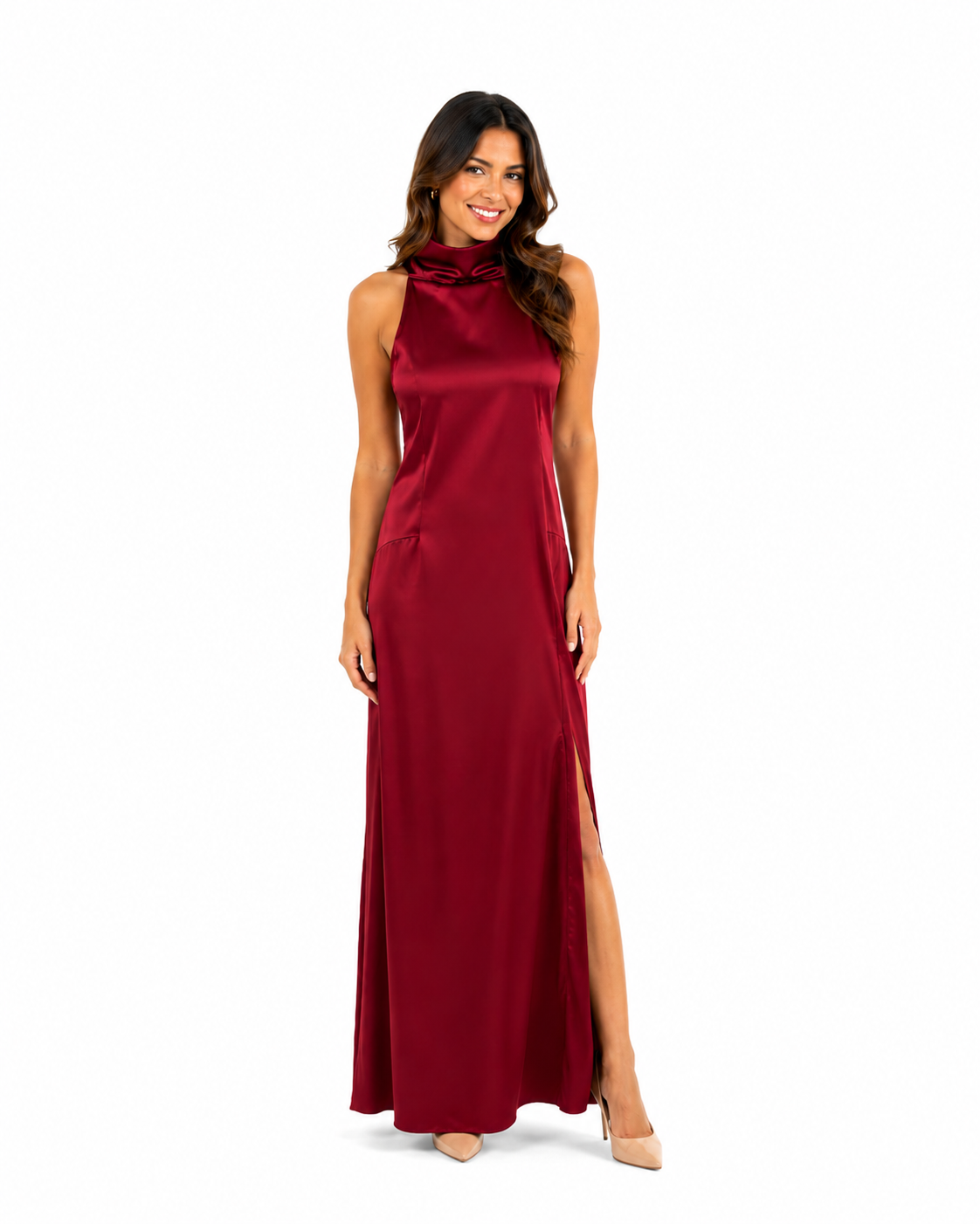 Vestido de seda burdeo cuello halter largo CON TAJO