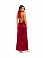 Vestido de seda burdeo cuello halter largo CON TAJO