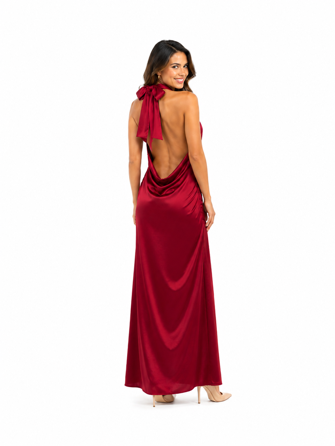 Vestido de seda burdeo cuello halter largo CON TAJO