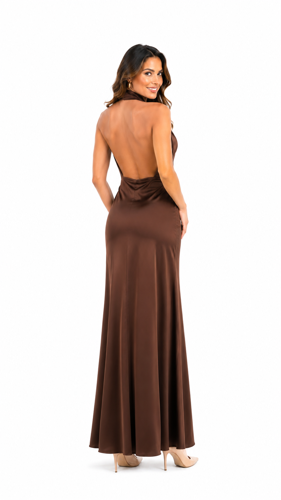 Arriendo de Vestido café chocolate largo amarre al cuello con nudo adelante