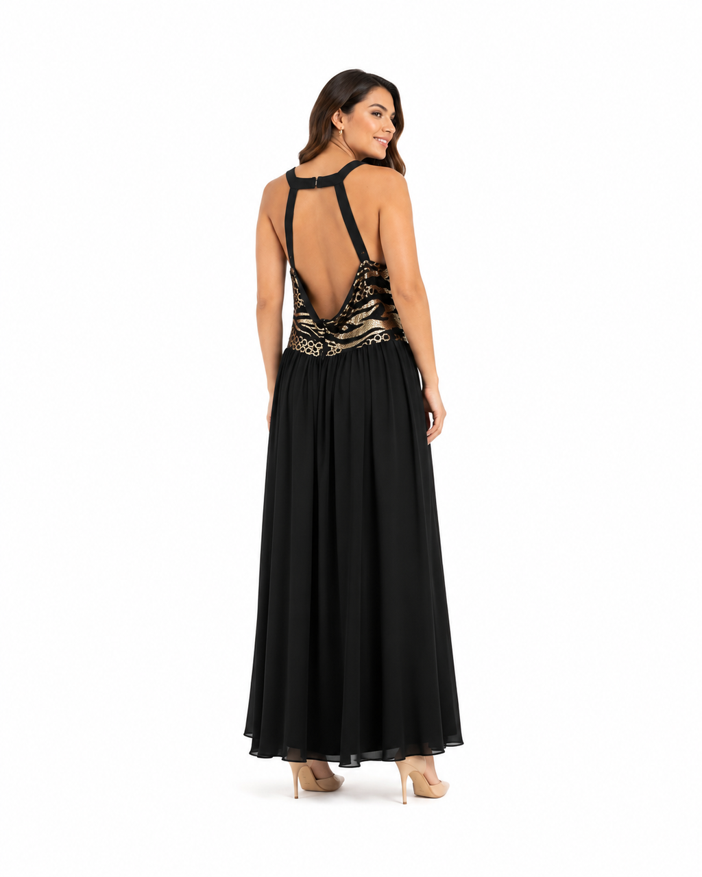 Arriendo de vestido largo negro con dorado marca debut