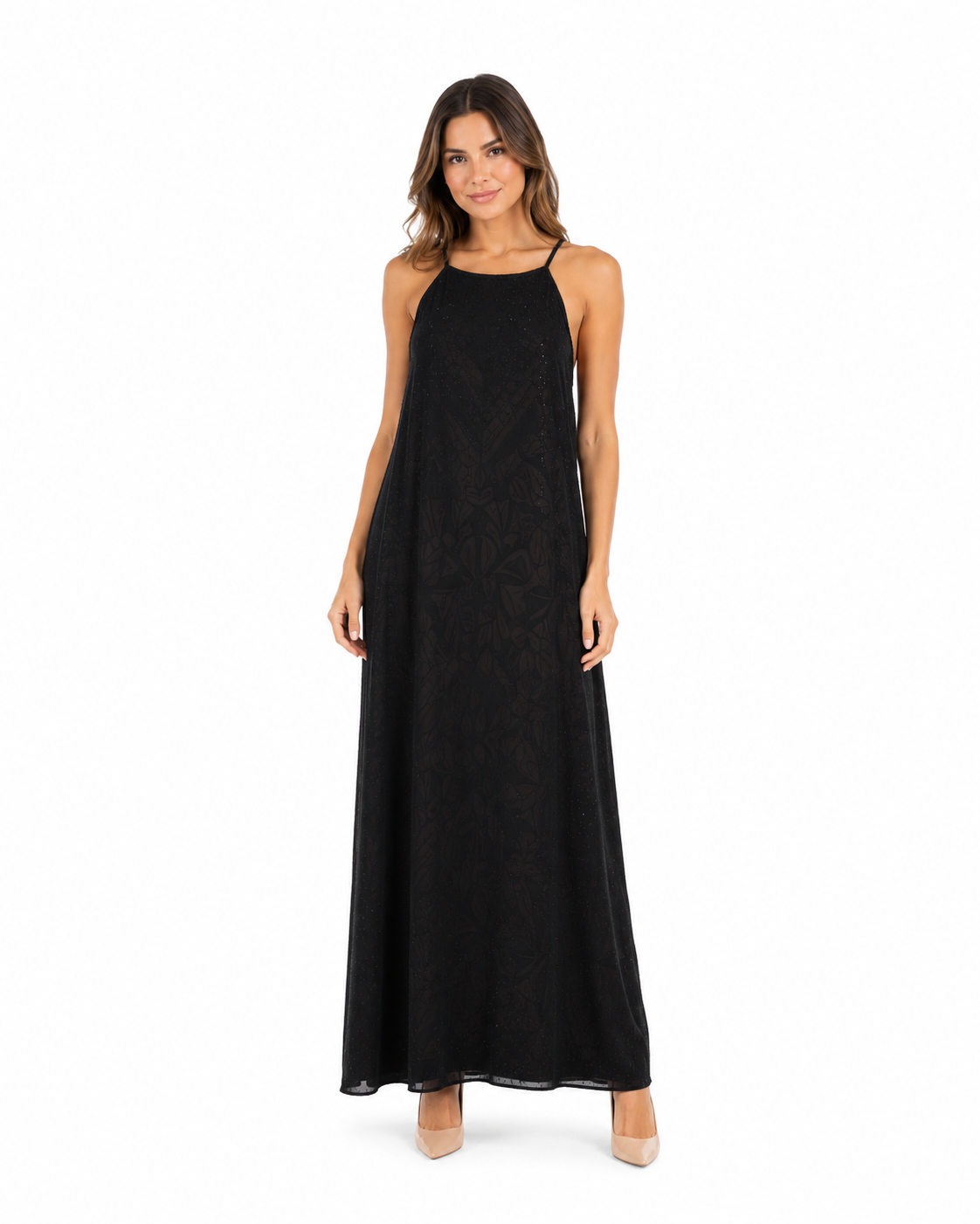 Arriendo de vestido negro largo con brillos ajustado