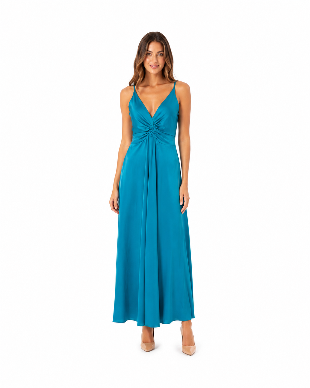 Arriendo de vestido largo celeste con nudo en cintura elasticado