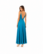 Arriendo de vestido largo celeste con nudo en cintura elasticado