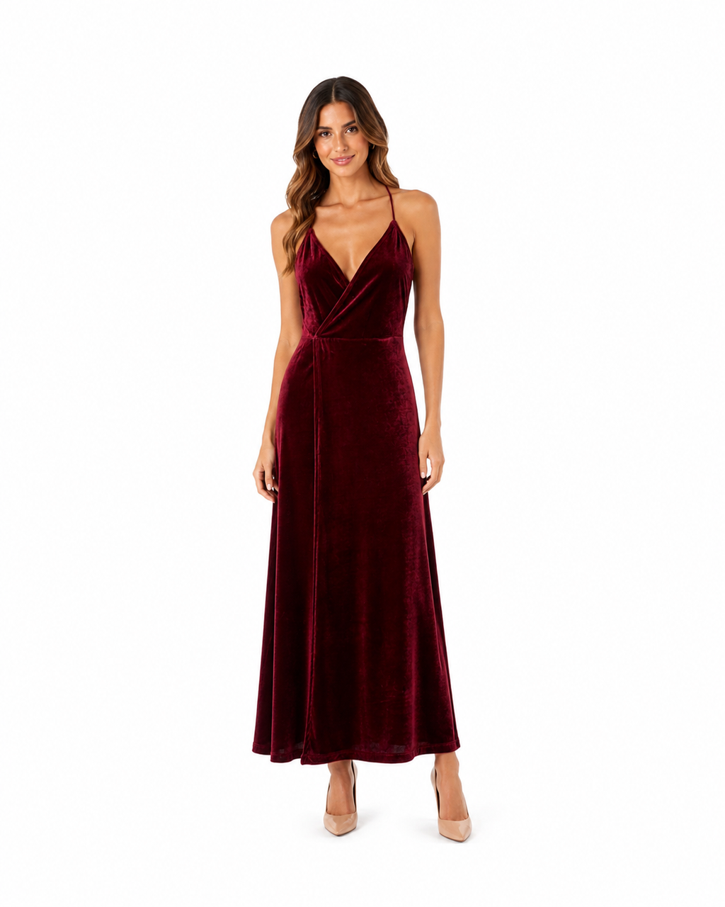 Arriendo de vestidos burdeo de terciopelo largo