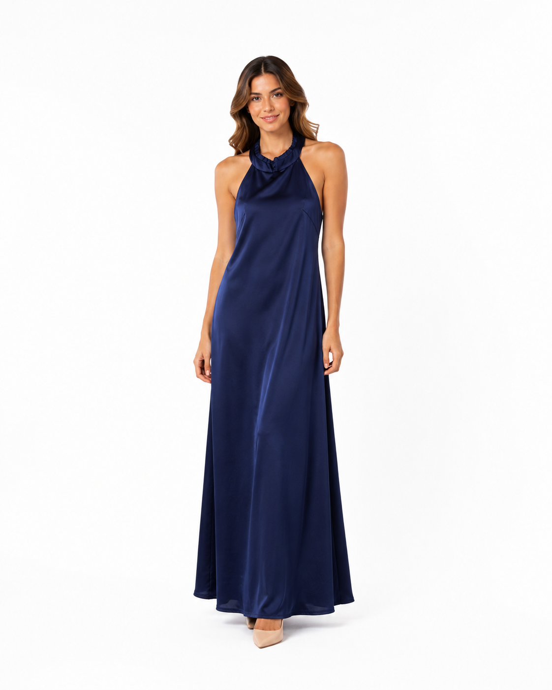 Arriendo de vestido largo halter azul de seda marca Debut
