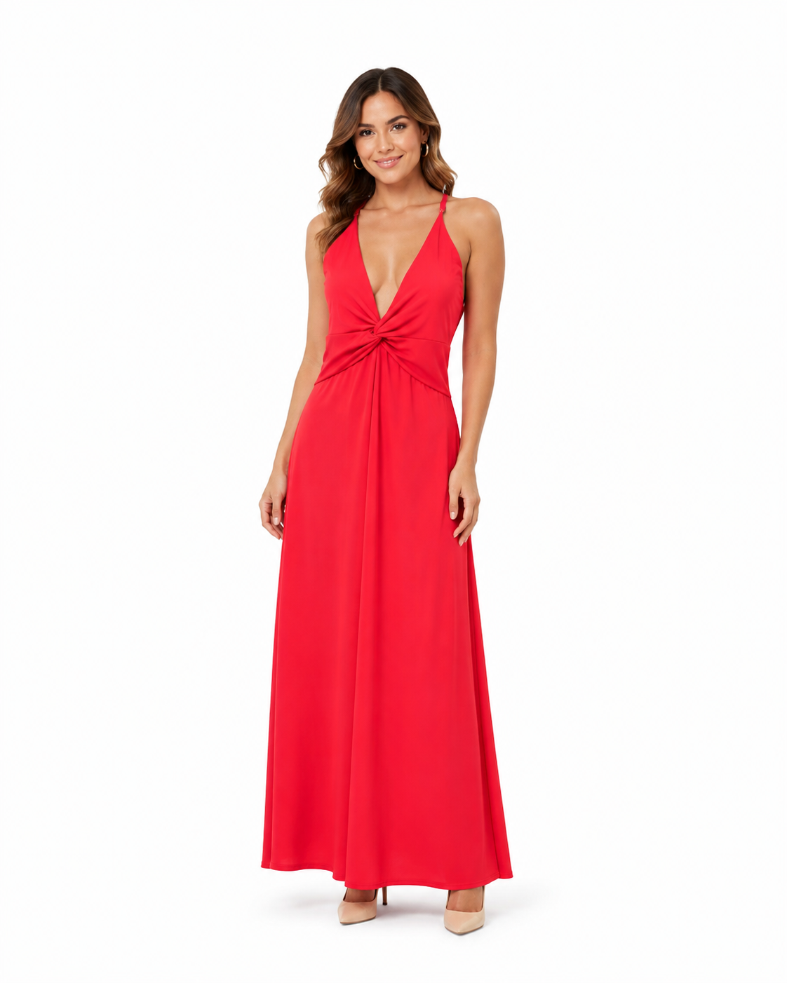 Arriendo de vestido largo rojo con nudo elasticado