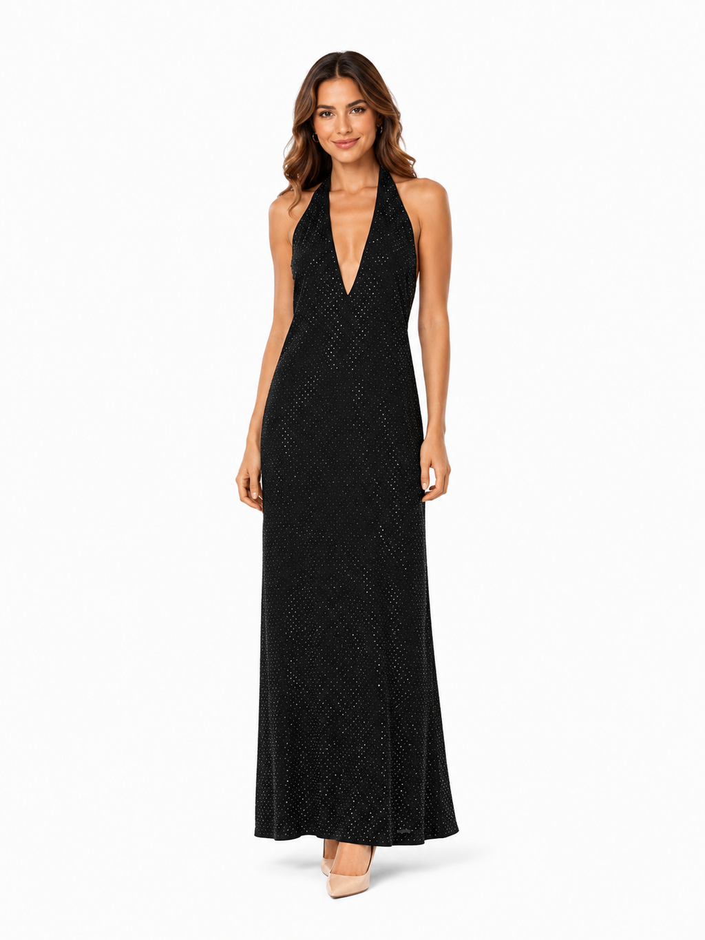 Arriendo de vestido largo negro con brillos espalda descubierta