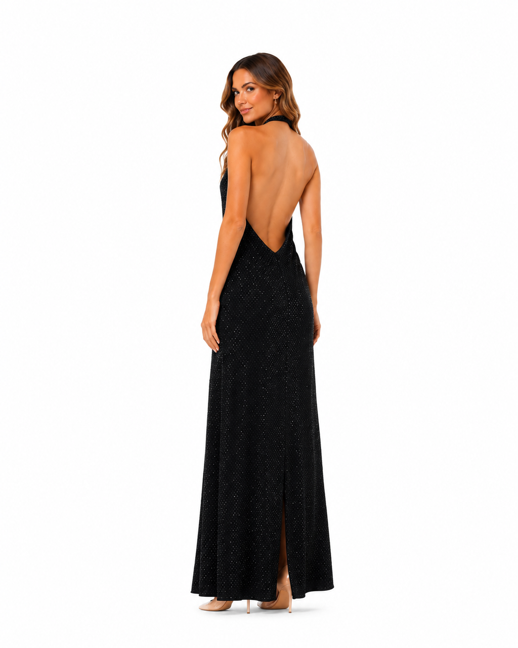 Arriendo de vestido largo negro con brillos espalda descubierta