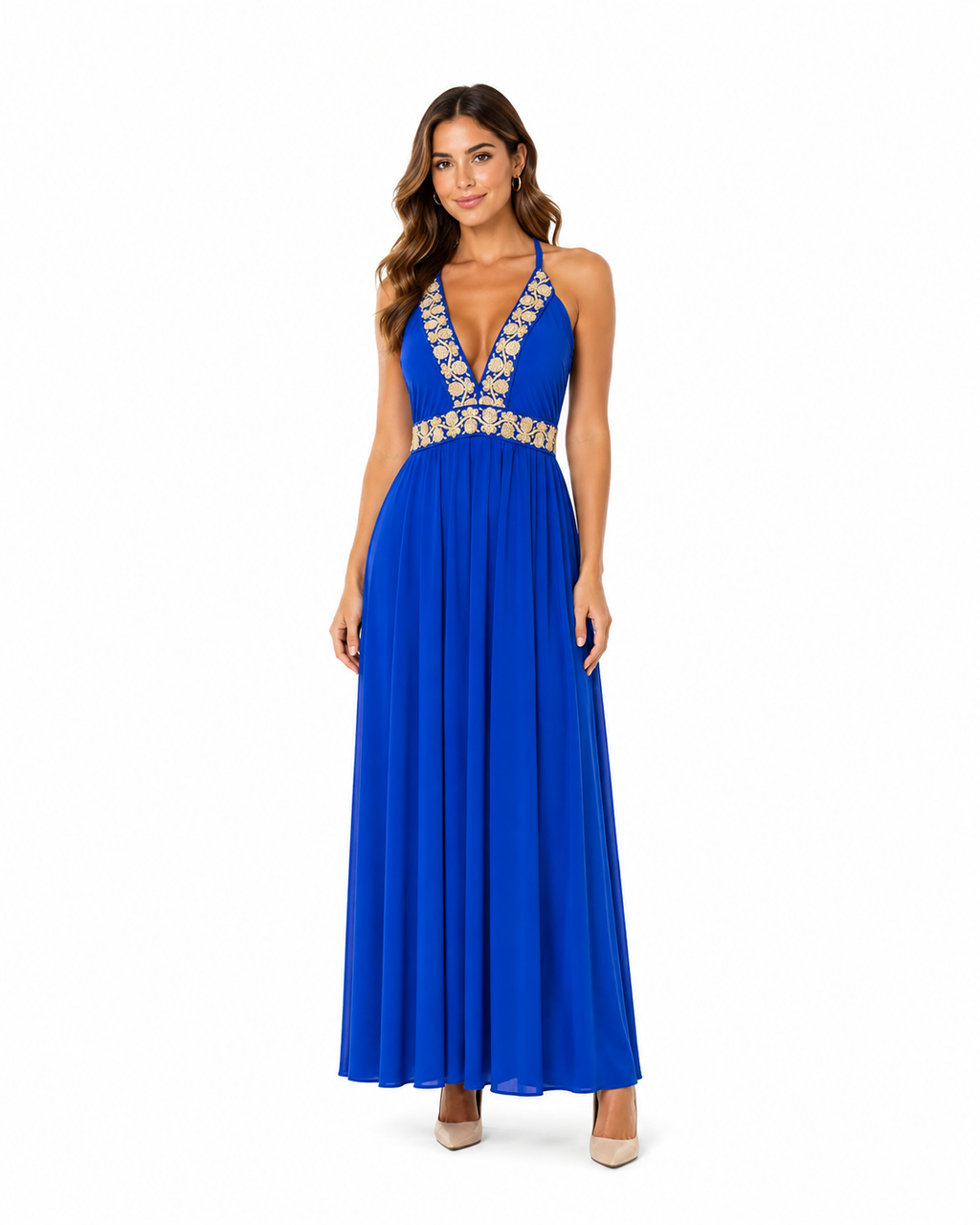 Arriendo de vestido azul rey con detalles dorados largo
