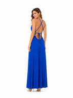Arriendo de vestido azul rey con detalles dorados largo