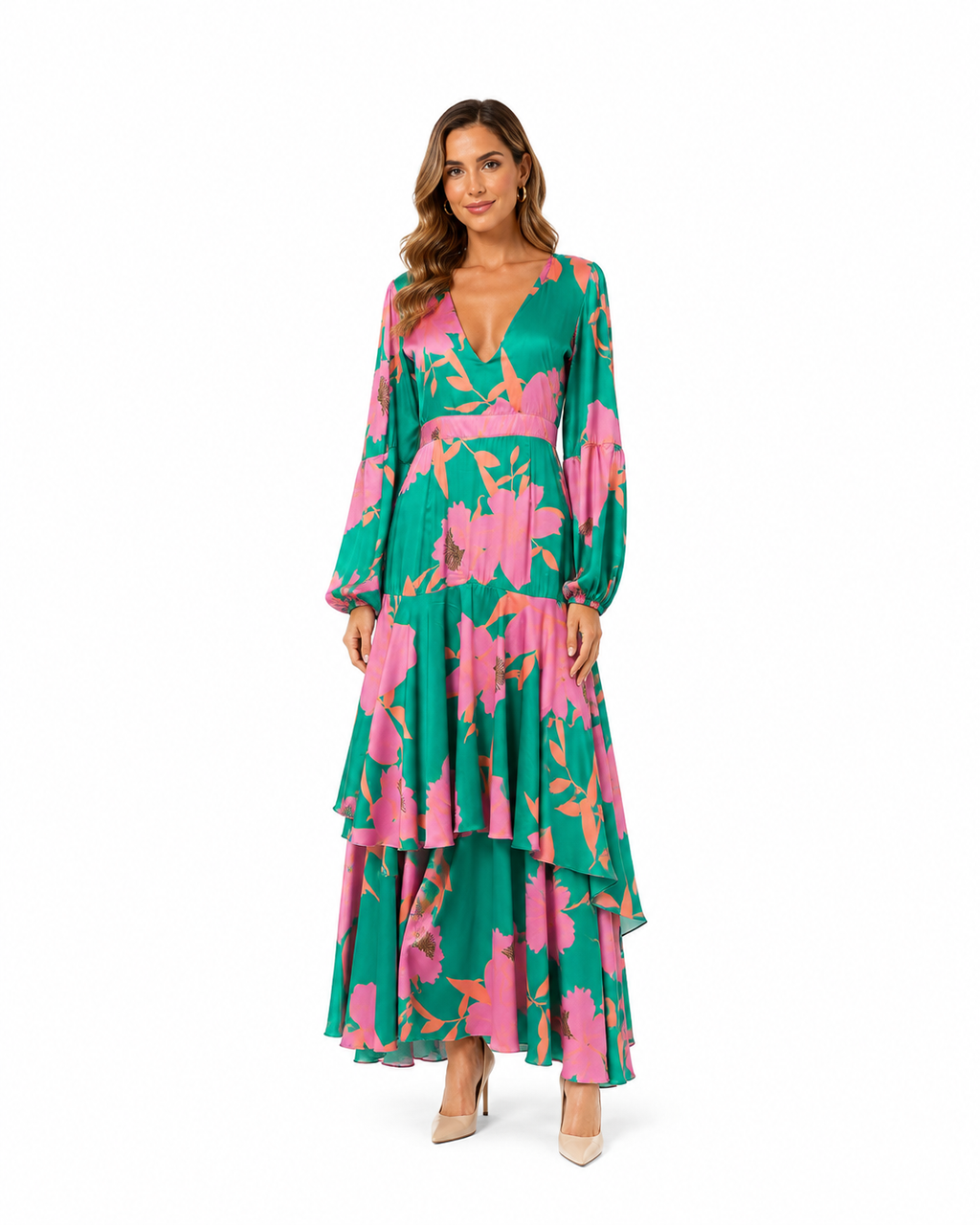 Arriendo de vestido largo marca Cocoota colombiano estampado